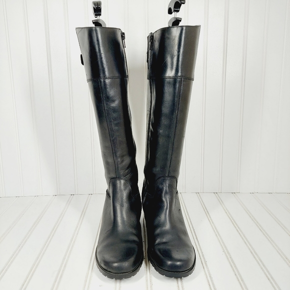 Anne Klein Evon Black Leather Slip On Block Heel Tall Winter Boots A890 - Picture 3 of 14